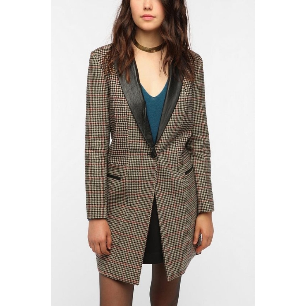 BB Dakota Sophia Leather Lapel Patchwork Houndstooth Coat Medium